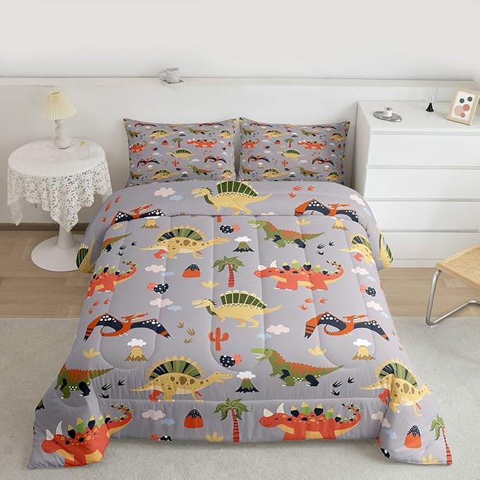 Feelyou Cartoon Dinosaur Comforter Set All Season Cute Bedding Set with 2 Pillow Cases Jungle Dino Kids Full Bedclothes Wild Animal Bedroom Decor Gray Duvet Quilt Breathable Soft