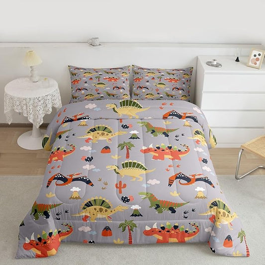 Feelyou Cartoon Dinosaur Comforter Set All Season Cute Bedding Set with 1 Pillow Cases Jungle Dino Kids Toddler Bedclothes Wild Animal Bedroom Decor Gray Duvet Quilt Breathable Soft