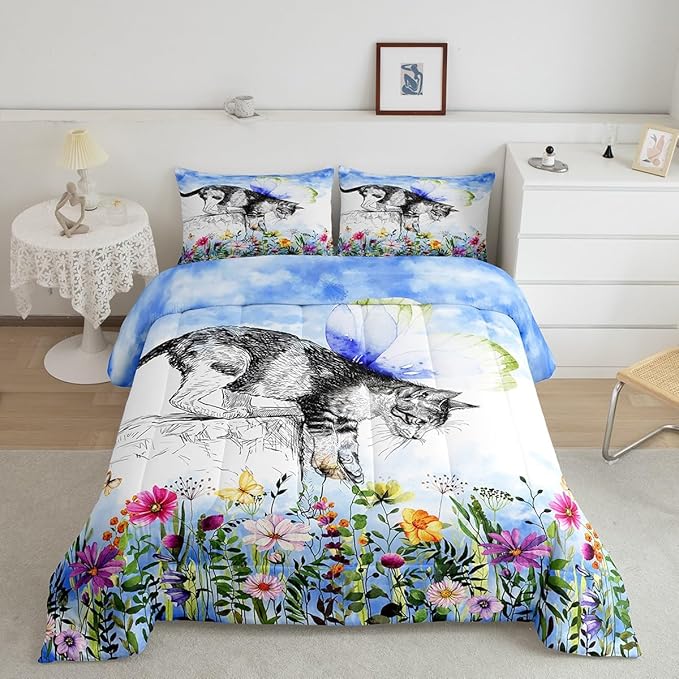Erosebridal Cat Comforter Colorful Flower Bedding Set Cute Pet Animal Down Full Butterfly Floral Leaves Plant Duvet Black and White Kawaii Farmhouse Room Decor Blue 3Pcs Warm Soft