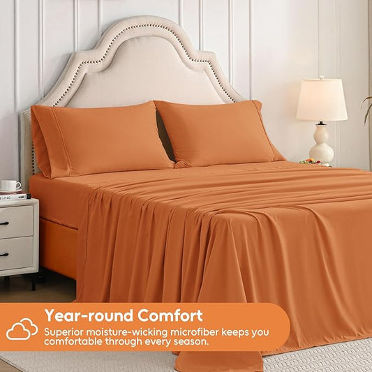 Twin Sheets Set, 3 Pieces Hotel Luxury Soft Microfiber Bed Sheets Set, Up to 16" Deep Pockets, Oeko-Tex Sheets with Elastic, Breathable, Wrinkle Free (Pumpkin Orange, Twin)