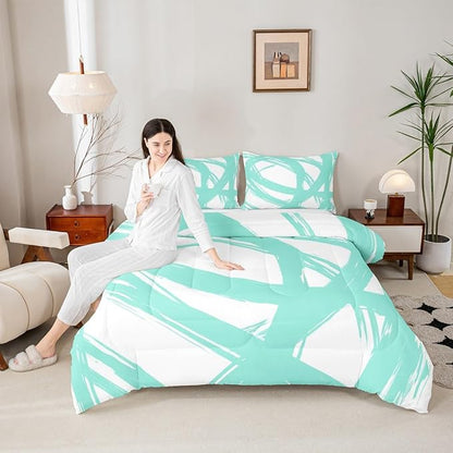 Turquoise and White Abstarct Comforter Set Twin Size for Kids Boys Girs,Graffiti Stripes Lines Bedding Set,Aesthetic Geometric Duvet Insert for Minimalists,Contemporary Boho Modern Art Quilt