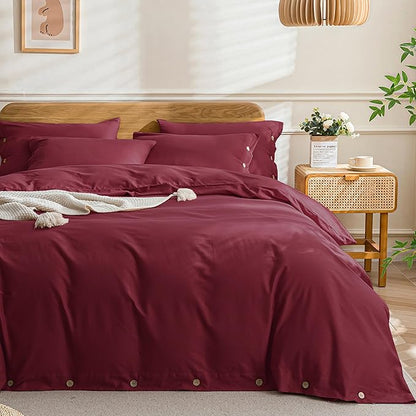JELLYMONI Cotton Duvet Cover Full Size - Burgundy Comforter Cover with Button 100% Washed Cotton 3PCS Breathable Soft Solid Bedding Set Duvet Cover 80×90in & 2 Pillowcases (NO Comforter)