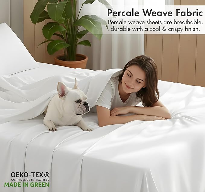 RUVANTI 100% Organic Cotton Sheets Queen Size, Percale Weave, GOTS Certified, 4-Piece Set, Deep Pocket 15", Crisp & Breathable, Soft Durable Bedding, Sábanas Algodón Orgánico – Bright White