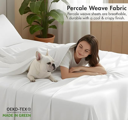 RUVANTI 100% Organic Cotton Sheets Full Size, Percale Weave, GOTS Certified, 4-Piece Set, Deep Pocket 15", Crisp & Breathable, Soft Durable Bedding, Sábanas Algodón Orgánico – Bright White