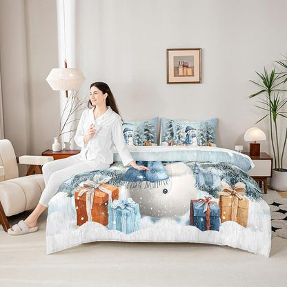 Castle Fairy Xmas Snowman Blue Comforter Set Queen Size 7 Pcs,Winter Outdoor Pine Tree Bedding Set for Girls Teens Bedroom Decor,Cartoon Bed in a Bag with Comforter,Sheets and Pillow Cases