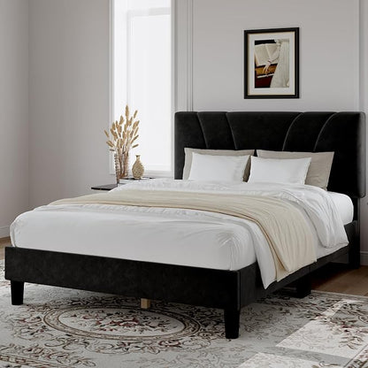 Novilla Queen Bed Frame, Queen Size Bed Frame with Wooden Slats Support, Velvet Upholstered Headboard, No Box Spring Needed, Heavy Duty Feet, Easy Assembly, Black Velvet