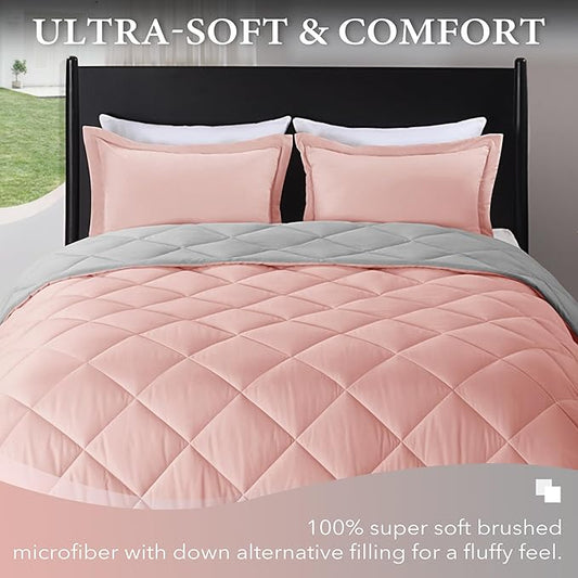downluxe Queen Comforter Set - Pink and Grey Queen Comforter, Soft Bedding Sets for All Seasons - 3 Pieces - 1 Comforter (88"x92") and 2 Pillow Shams(20"x26")