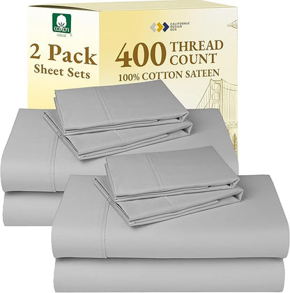 California Design Den 2-Pack Queen Bed Sheets Set - 400 Thread Count 100% Cotton Sateen - Soft and Breathable Sheets, 2 Sets of Deep Pocket Bed Sheets - Light Grey