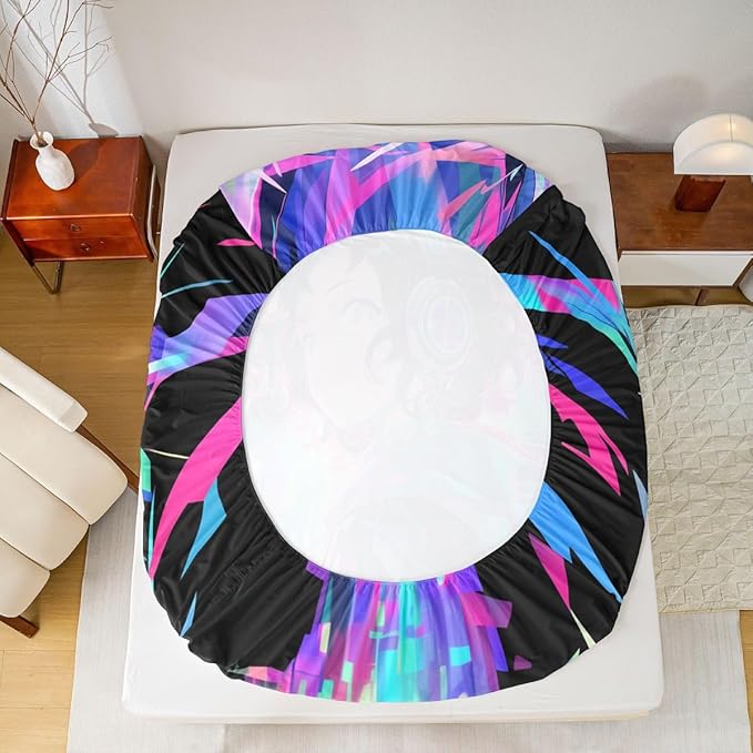 3D Anime Girl Bed Sheets American Street Culture Fitted Sheet Full for Teens Youth Girls Watercolor Graffiti Style Bedding Set Galaxy Stars Print Sheets with 2 Pillow Cases, No Flat Sheet