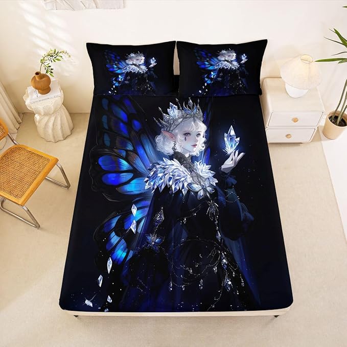 Erosebridal Gothic Girls Fitted Sheet for Boys Girls Kids A Girl Wearing A Crown Full Bed Sheets,Butterfly Diamond Feather Print Sheets Coquette Princess Bedding Sets, No Top Sheet