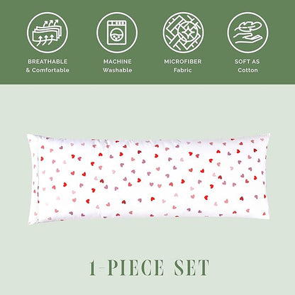 Elegant Comfort Ultra Soft 1-Piece Set Hearts Print Pillowcases - 1500 Premium Hotel Quality Microfiber, Soft and Smooth Hidden Zipper Closure 1-Piece Pillow Covers - Body Pillowcase, Valentina