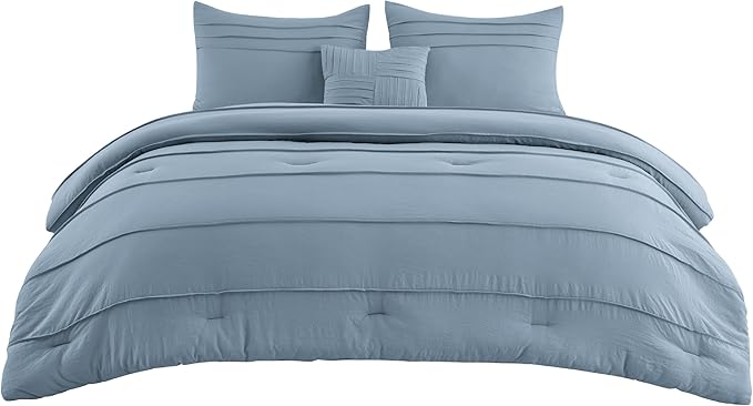 Bedsure Queen Comforter Set - 4 Pieces Pinch Pleat Bed Set, Light Blue Boho Bedding for All Season, 1 Soft Comforter, 2 Pillowcases, 1 Decorative Pillow