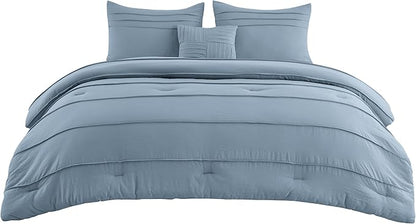 Bedsure Full Comforter Set - 4 Pieces Pinch Pleat Bed Set, Light Blue Boho Bedding for All Season, 1 Soft Comforter, 2 Pillowcases, 1 Decorative Pillow
