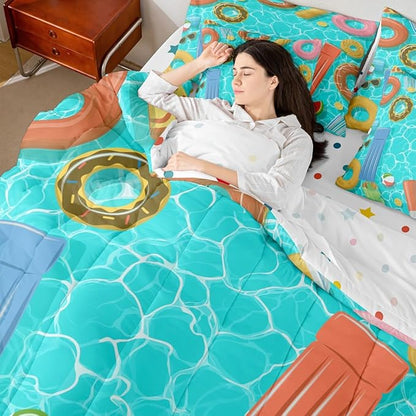 Swimming Pool Bedding Sets Watermelon Fruit Decor Summer Theme Comforter Set for Kids Teens Adults Bed in a Bag(Comforter Flat Sheet Fitted Sheet 2 Pillowcases 2 Throw Pillow Covers) 7 Pcs King