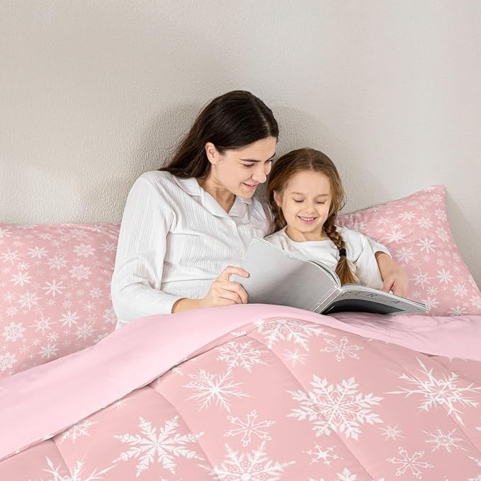 Erosebridal Pink Christmas Comforter Set King Girly Romantic Snowflake Duvet Insert Princess Winter Quilt Girls Modern Style Bedding Set Bedroom Decor Pink Floral Bedding Set & 2 Pillowcases