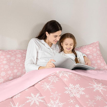Erosebridal Pink Christmas Comforter Set King Girly Romantic Snowflake Duvet Insert Princess Winter Quilt Girls Modern Style Bedding Set Bedroom Decor Pink Floral Bedding Set & 2 Pillowcases