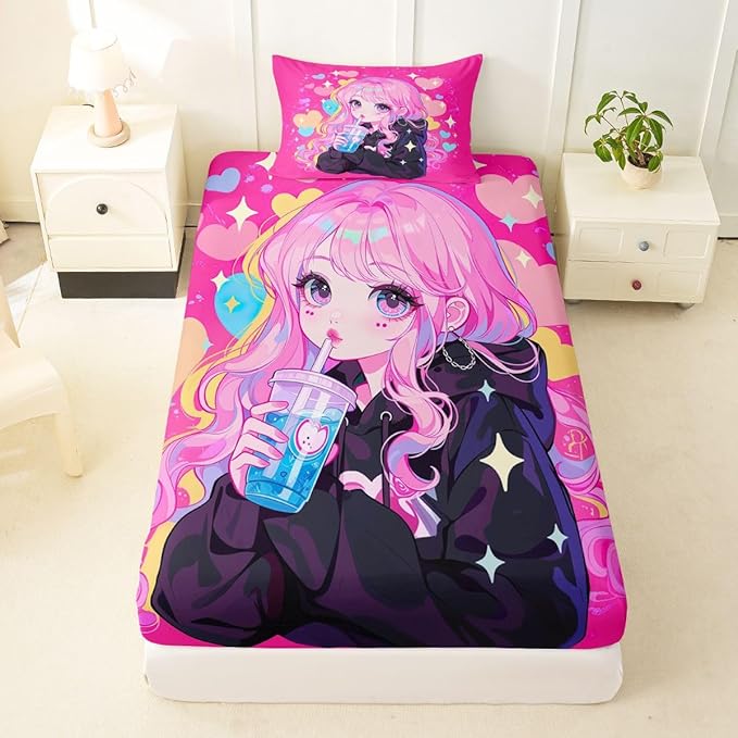 Erosebridal Preppy Girls Sheets for Boys Girls Kawaii Japanese Girl Drinking Water Fitted Sheet,Coquette Girl with Colorful Curly Hair Kids Bedding Sets Pink Anime Gifts Bed Sets Twin 2 Piece