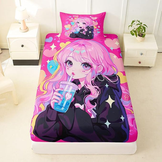 Erosebridal Preppy Girls Sheets for Boys Girls Kawaii Japanese Girl Drinking Water Fitted Sheet,Coquette Girl with Colorful Curly Hair Kids Bedding Sets Pink Anime Gifts Bed Sets Twin 2 Piece