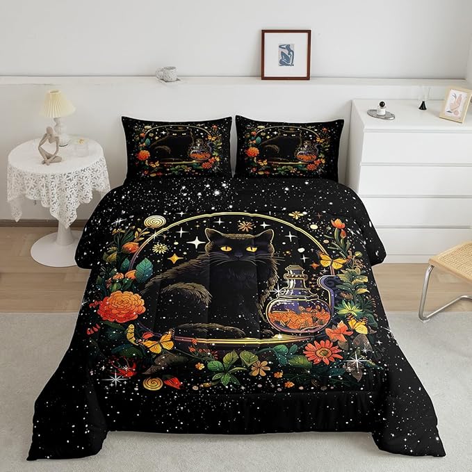 Kids Cartoon Cat Bedding Set Queen Size,Colorful Flower Butterfly Leaves Botanical Comforter Set Bright Starry Sky Girls Boys Quilt Set Black Pet Animals Duvet Insert Boho Style,2 Pillowcases