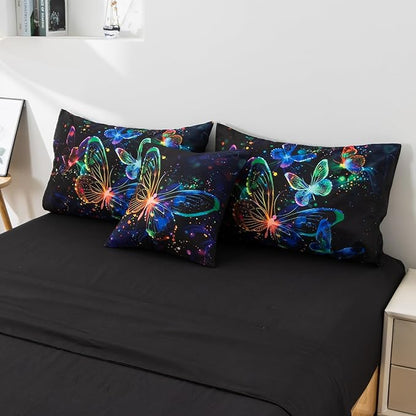 A Nice Night Galaxy Bedding Sets,3D Butterfly Flying in Space Printed,Like Glitter Butterflies 6pcs Bed in a Bag Queen Comforter Set, for Girls Boys Kids Teens