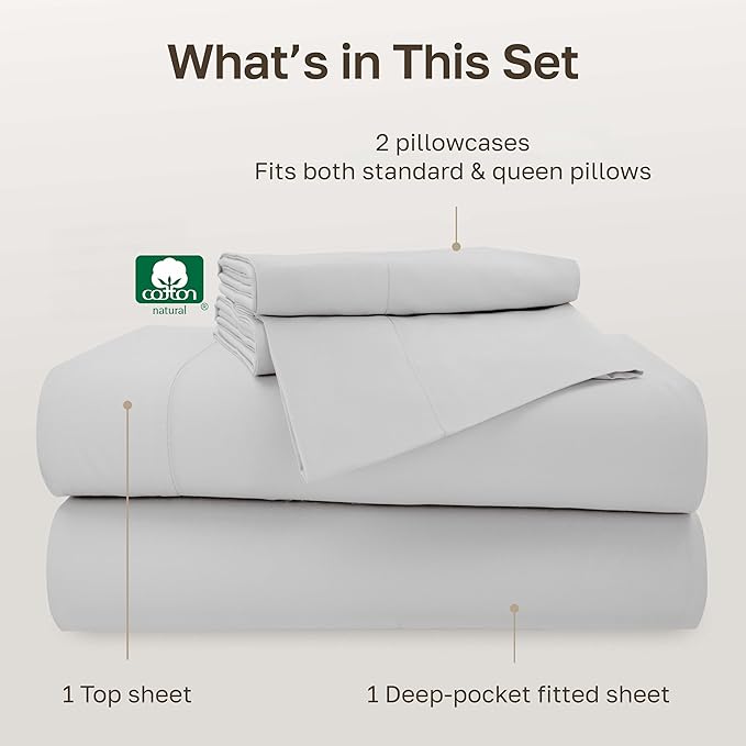 California Design Den - Bed Sheets Queen Size Set, Soft 100% Cotton Sheets Deep Pockets Snug Fit Elastic, 500 Thread Count Sateen, Sheet Sets for Bed (Light Grey)