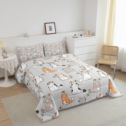 Cartoon Cat Bedding Set King For Kids Boys Girls, Butterfly Decor Comforter Room Decor, Kawaii Animal Kitten Duvet Set Cute Pet Theme Down Comforter, White Gray Orange Garfield Bedding Comforter Sets
