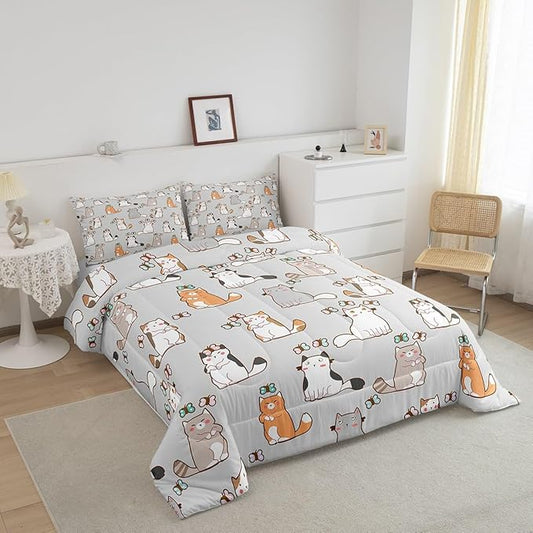 Cartoon Cat Bedding Set King For Kids Boys Girls, Butterfly Decor Comforter Room Decor, Kawaii Animal Kitten Duvet Set Cute Pet Theme Down Comforter, White Gray Orange Garfield Bedding Comforter Sets