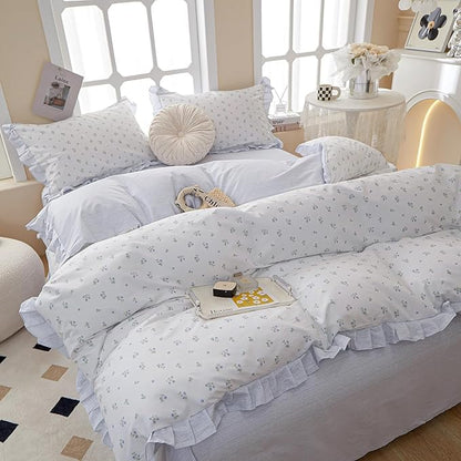 HighBuy Ruffle Comforter Set Twin XL White Blue Floral Comforter Coquette Lace Floral Bedding Set Soft Striped Bedding Comforter Set 1 Lightweight Cottagecore Comforter with 2 Pillowcases
