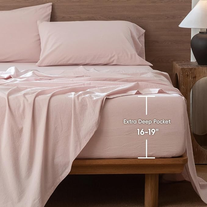 MooMee Fitted Bottom Sheet Only 100% Washed Cotton Linen Like Textured Breathable Durable Soft Comfy Deep Pocket Fits Mattress up to 17" (Greyish Pink, Queen)