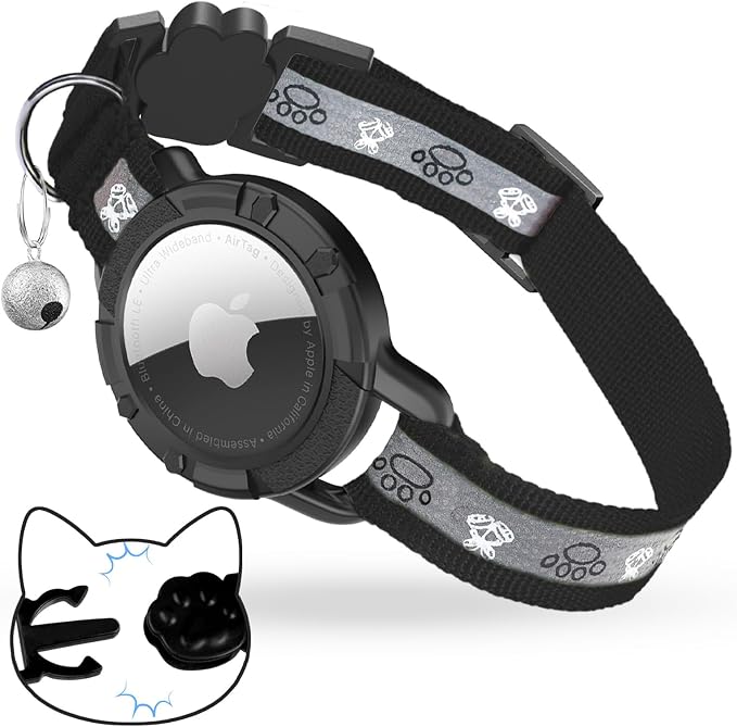 Breakaway AirTag Cat Collar, Reflective Cat Tracker Collar with Bell | Built in AirTag Holder, Adjustable 8.5-12in for Cats, Kittens and Puppies, Safety Elastic Band, Reflective for Night Walking