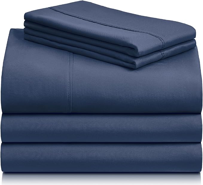 LuxClub 5 PC Split King Sheet Set, Breathable Luxury Bed Sheets, Deep Pockets 18" Eco Friendly Wrinkle Free Cooling Sheets Machine Washable Hotel Bedding Silky Soft - Navy Split King