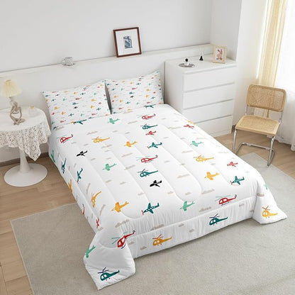 Kids Aircraft Twin Size Down Comforter Set,Watercolor Transportation Vehicles Duvet/Quilt Set Soft Bed Collection,Boys Airplanes Colorful Helicopter Bedding Comforter for Boys Girls Bedroom,2 Pcs