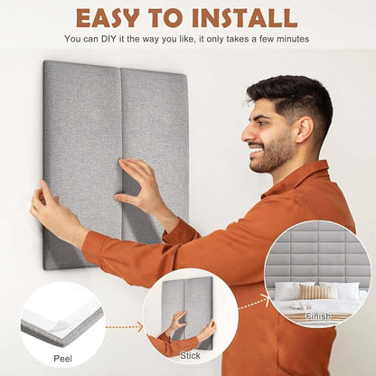 IFNOW Wall Mounted Headboard, Peel and Stick Panels, Medium Gray, Queen | 3D Soundproof Acoustic Padding, Reusable and Removable Tufted fabric Bed Headboard for bedroom (9 Panels, 10" x 24")