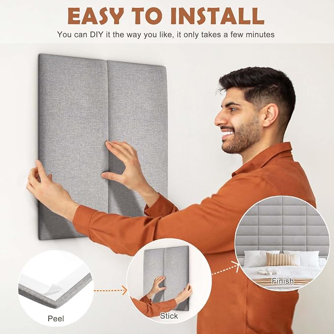 IFNOW Wall Mounted Headboard, Peel and Stick Panels, Medium Gray, King | 3D Soundproof Acoustic Padding, Reusable and Removable Tufted fabric Bed Headboard for bedroom (12 Panels, 10" x 24")
