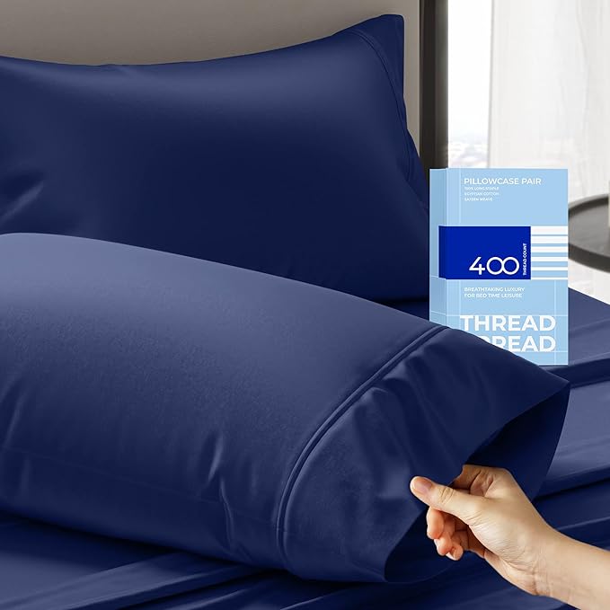 THREAD SPREAD 100% Cotton Pillow Cases Queen Size Set of 2 - Luxury 400 Thread Count Queen Pillow Cases (Navy Blue), Soft Cooling Breathable Hotel Quality Cotton Pillowcases, Fits Standard Pillows