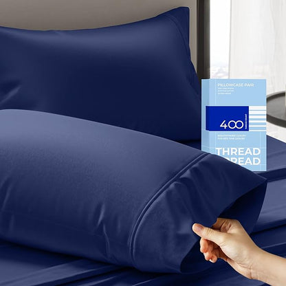 THREAD SPREAD 100% Cotton King Size Pillow Cases Set of 2 - Luxury 400 Thread Count Pillow Cases King Size (Navy Blue), Soft Cooling Breathable & Durable Sateen Weave Hotel Quality Cotton Pillowcases