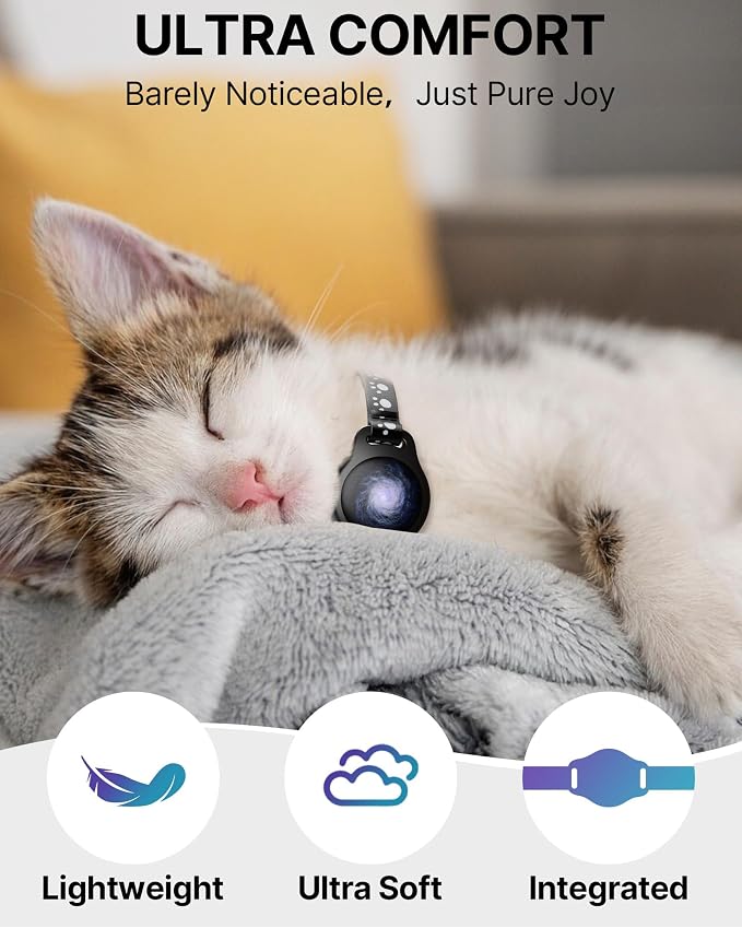 Cat Tracker Collar with Finder Tag - Waterproof Airtag Cat Collar, Black | Breakaway Tractive with Reflective Pattern & Bell, 8-12", Compatible with Apple Find My (iOS ONLY Not for Android Devices)