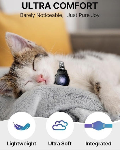 Cat Tracker Collar with Finder Tag - Waterproof Airtag Cat Collar, Black | Breakaway Tractive with Reflective Pattern & Bell, 8-12", Compatible with Apple Find My (iOS ONLY Not for Android Devices)