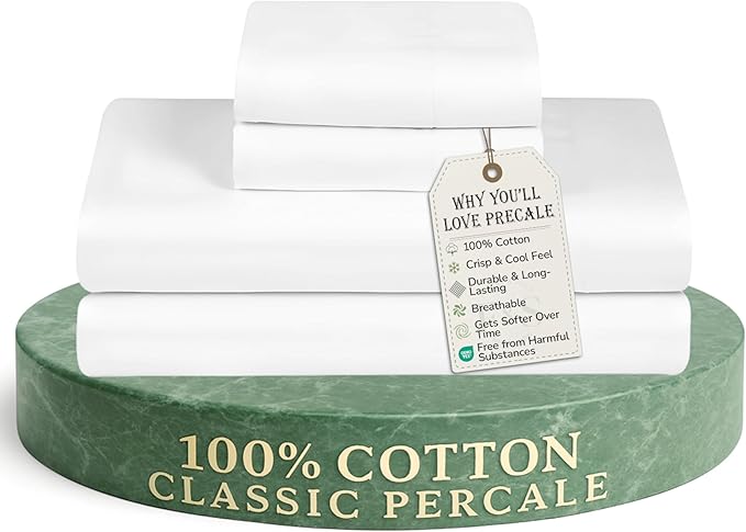 Feather & Stitch Softest 100% Cotton Sheets, 300 Thread Count Percale Weave Bedding, 16" Deep Pocket, Cooling Sheets, Breathable Bed Set, Hotel Premium Quality (Queen, White)