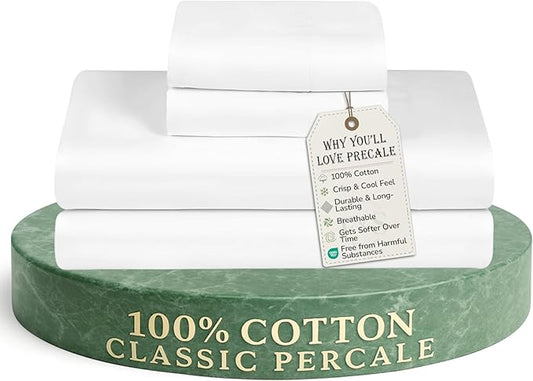 Feather & Stitch Softest 100% Cotton Sheets, 300 Thread Count Percale Weave Bedding, 16" Deep Pocket, Cooling Sheets, Breathable Bed Set, Hotel Premium Quality (Queen, White)