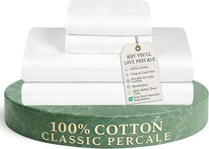 Feather & Stitch Softest 100% Cotton Sheets, 300 Thread Count Percale Weave Bedding, 16" Deep Pocket, Cooling Sheets, Breathable Bed Set, Hotel Premium Quality (King White)