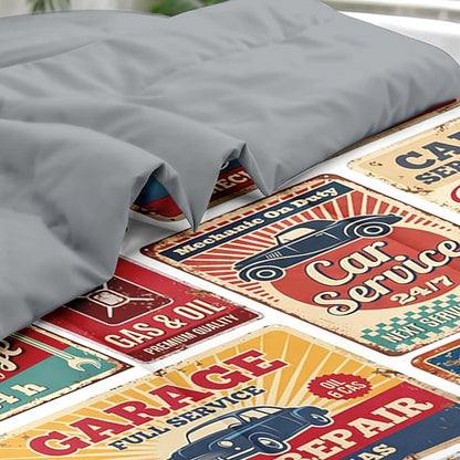 Comforter Set Queen Size, Vintage Car Auto 7 Pcs Bedding for Kids and Adults, Retro Vehicle Automotive Bed Sheet Sets with Fitted Sheet 2 Pillowcases & 2 Shams for Bedroom Bed Decor