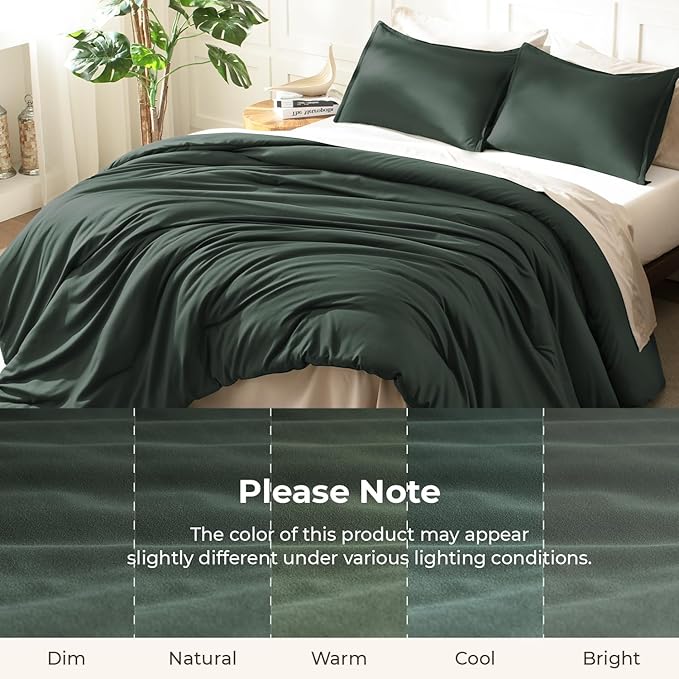 Litanika Forest Green Comforter Set Queen Size, 3 Pieces Lightweight Solid Bedding Comforter Set, All Season Fluffy Bed Set (90x90In Comforter & 2 Pillowcases)