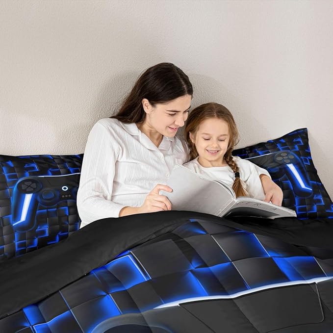 Erosebridal Gamer Queen Comforter Set for Boys Blue Gaming Kids Bedding Set Geometric Game Console Comforter for Teen Video Game Room Decor 3 Piece Neon Lights Gamepad Lightweight Bed Comforter Set