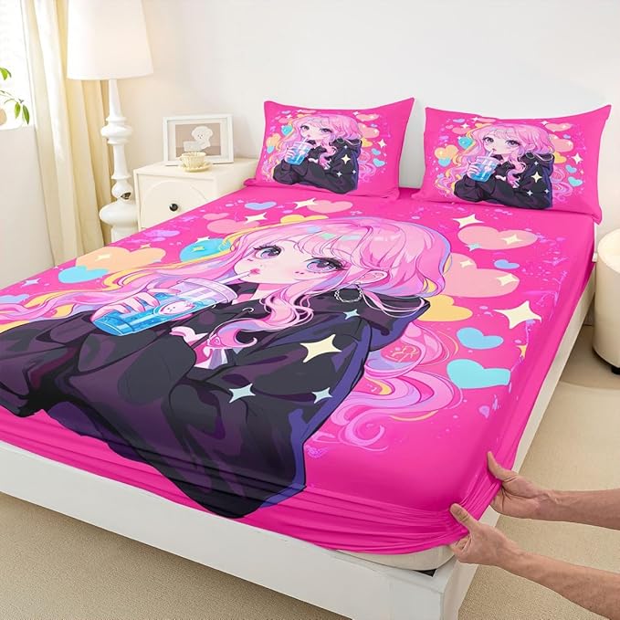 Erosebridal Preppy Girls Sheets for Boys Girls Kawaii Japanese Girl Drinking Water Fitted Sheet,Coquette Girl with Colorful Curly Hair Kids Bedding Sets Pink Anime Gifts Bed Sets Twin 2 Piece