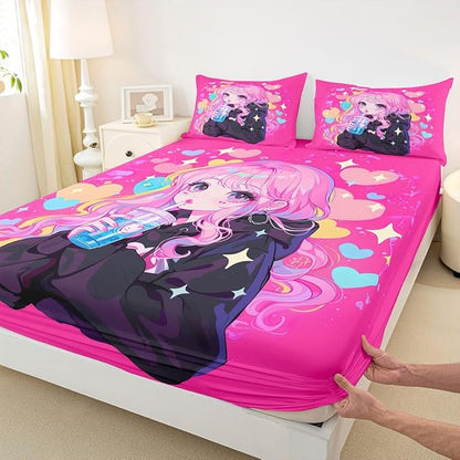 Erosebridal Preppy Girls Sheets for Boys Girls Kawaii Japanese Girl Drinking Water Fitted Sheet,Coquette Girl with Colorful Curly Hair Kids Bedding Sets Pink Anime Gifts Bed Sets Full 3 Piece