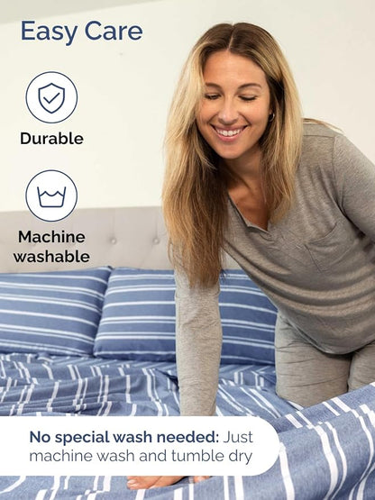 Extra Deep Full Sheet Set - 6 Piece Breathable and Cooling Sheets - Hotel Luxury Bedding for Women, Men, Kids & Teens - Easy & Secure Fit - Soft and Wrinkle Free - Extra Deep Pockets - Blue Stripes