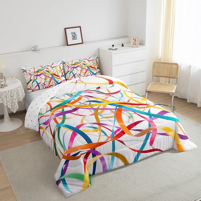 Erosebridal Bedding Set Queen Size Rainbow Stripe Comforter Set for Kids Girls Boys Aesthetic White Teal Blue Comforter Warm Soft Quilt Insert