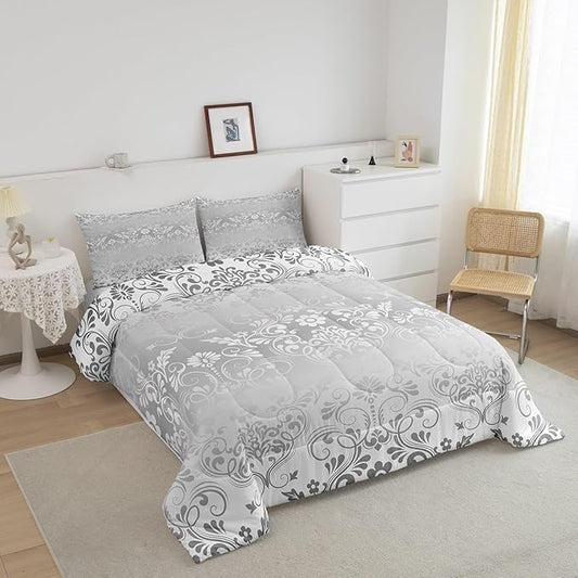 Feelyou Adults Silver Vintage Damask Floral Comforter Set Oriental Antique Comforter Twin Size Gothic Bohemia Boho Flower Bedding Set Bohemian Exotic Duvet Set Quilt Set 2Pcs