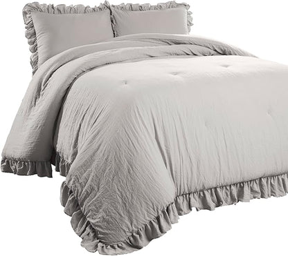 Lush Decor Reyna Ruffle Comforter Set, Full/Queen, Light Grey, 3 Piece Cozy Bedding Set